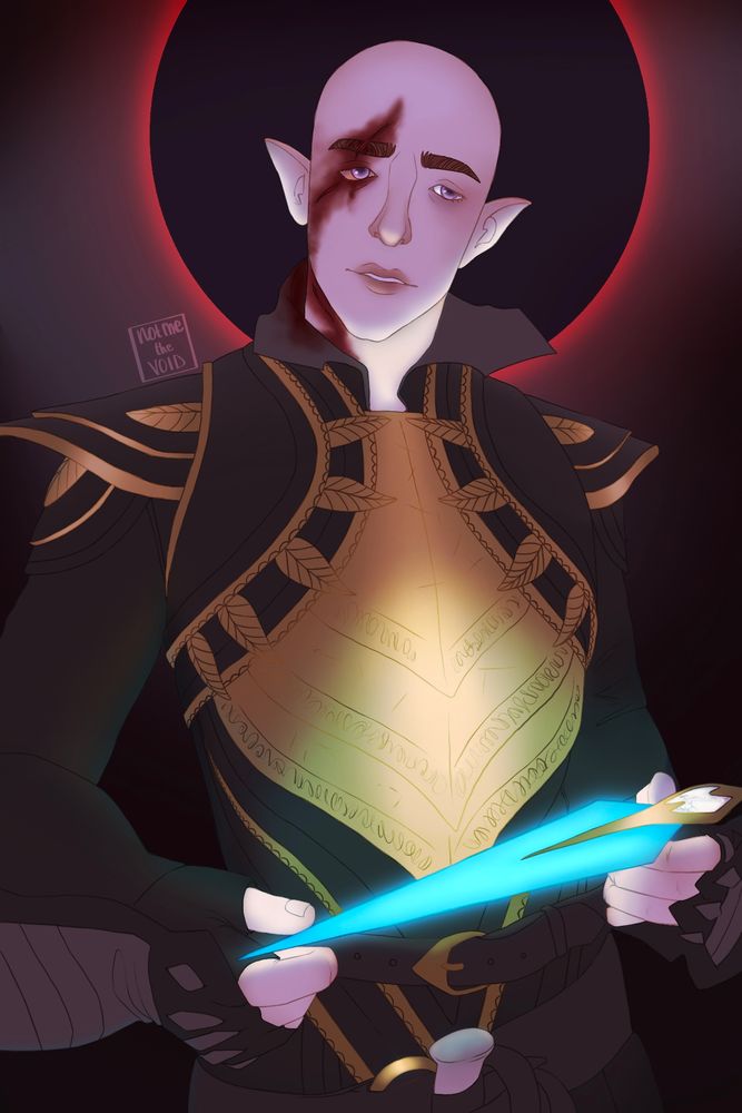 An illustration of a bloody Solas with the lyrium dagger in his hands and the eclipse in the background right behind his head. He is looking towards the viewer with sad puppy dog eyes.