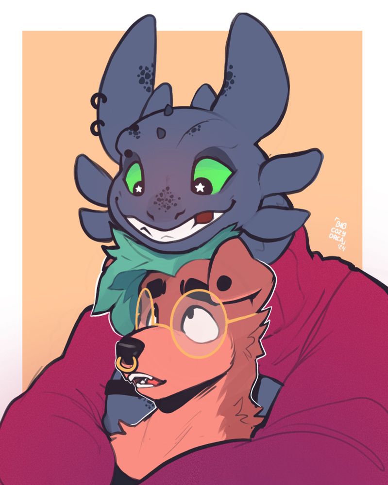Xieril's sona, bourbon is getting hugged from behind by an anthropomorphic toothless from How to Train Your Dragon.