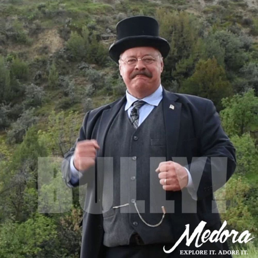 an advertisement for medora explore it adore it features a man in a suit and top hat