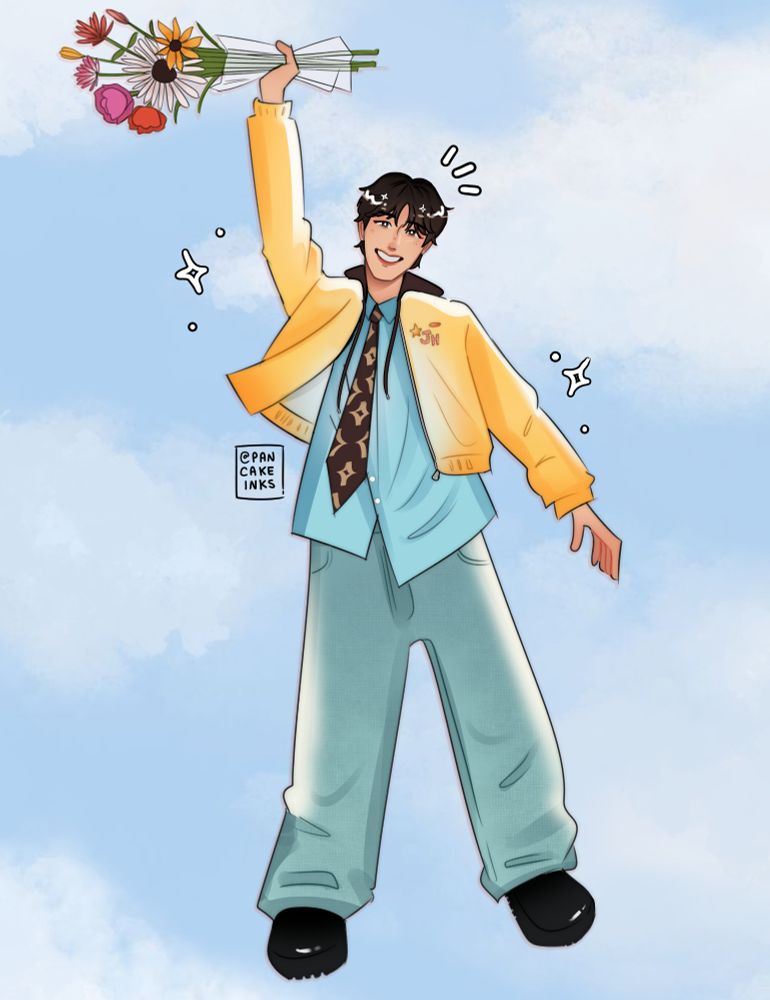 illustration of jhope in the sky holding a flower bouquet.