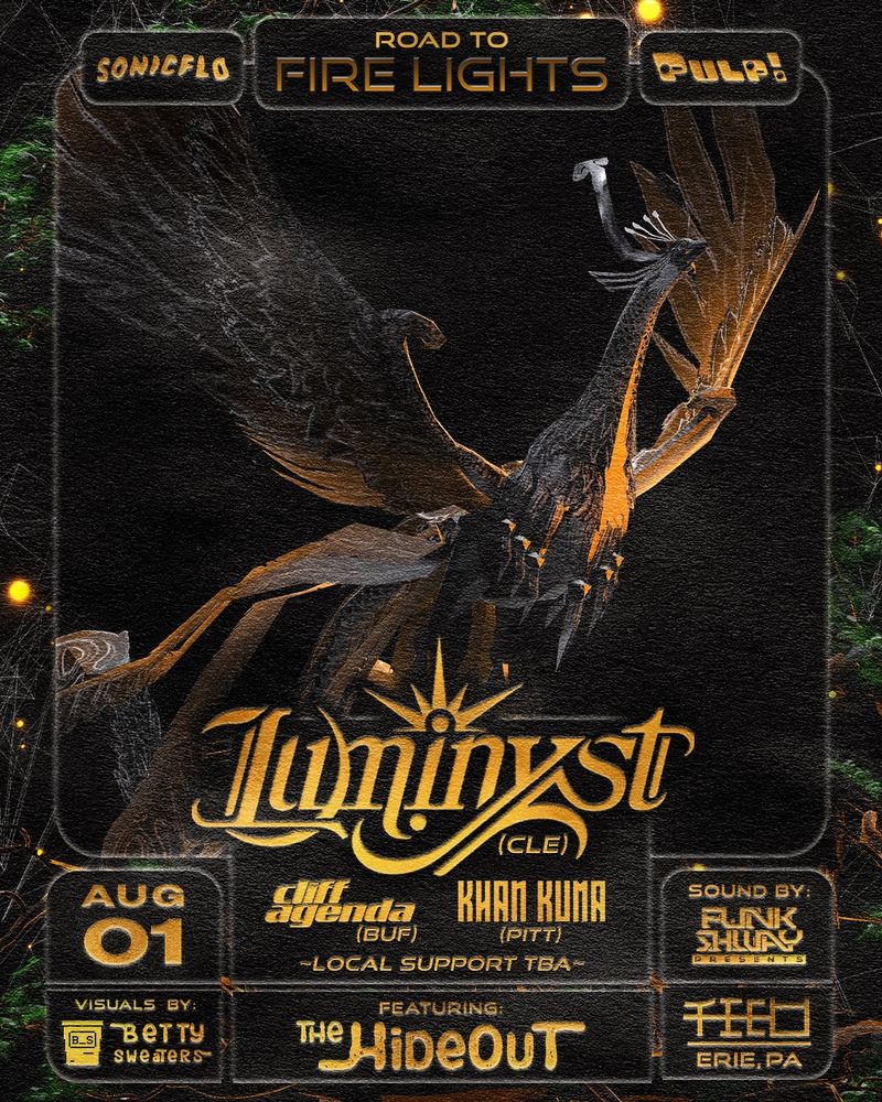 Flyer in earth tones shows a dragon in flight with artist and venue info in gold
