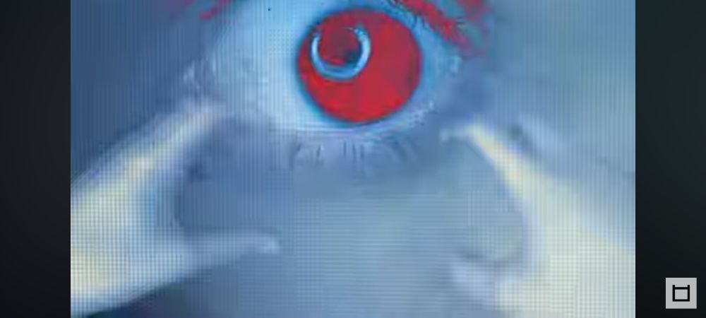 Pair of hand reach towards a giant eyeball in blue and red palette 