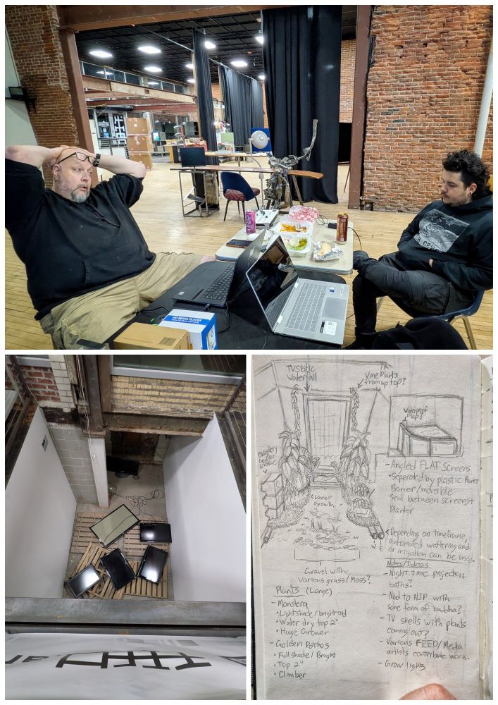Collage of 3 shots of the early design of a sunken gallery with a garden of plants and TVs: 1 is a shot of two mascs discussing in a large brick and wood room, 2 is a view looking down into an underground pit with flatscreen TVs facing up, 3 is a sketch book with drawings of a TV garden 