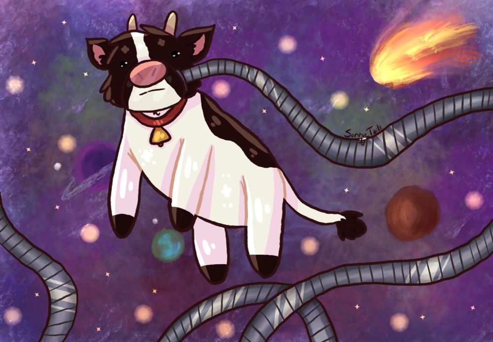 A black and white cow with collie mask markings and a red collar with a bell attached floating in space with a long tube protruding from its oxygen mask