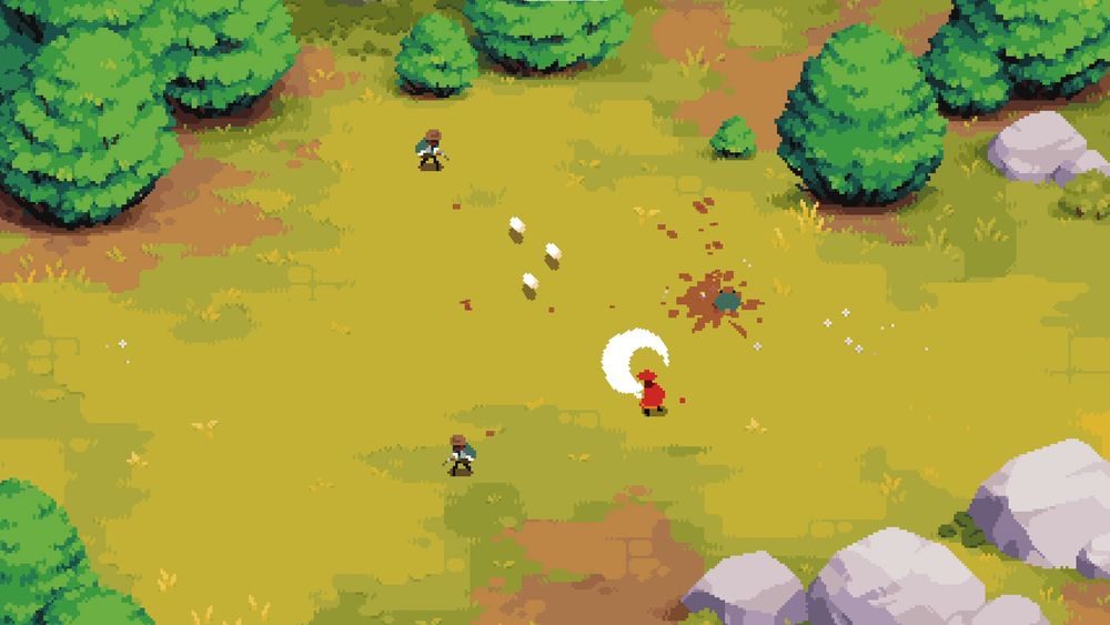 A screenshot of the game Arco, depicting a tactical fight between the protagonist and two ennemies in a prairie near a forest.