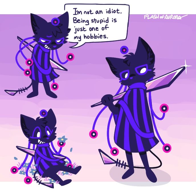 Drawings of a strange character wielding a large shard of glass, saying "I'm not an idiot, being stupid is just one of my hobbies". 