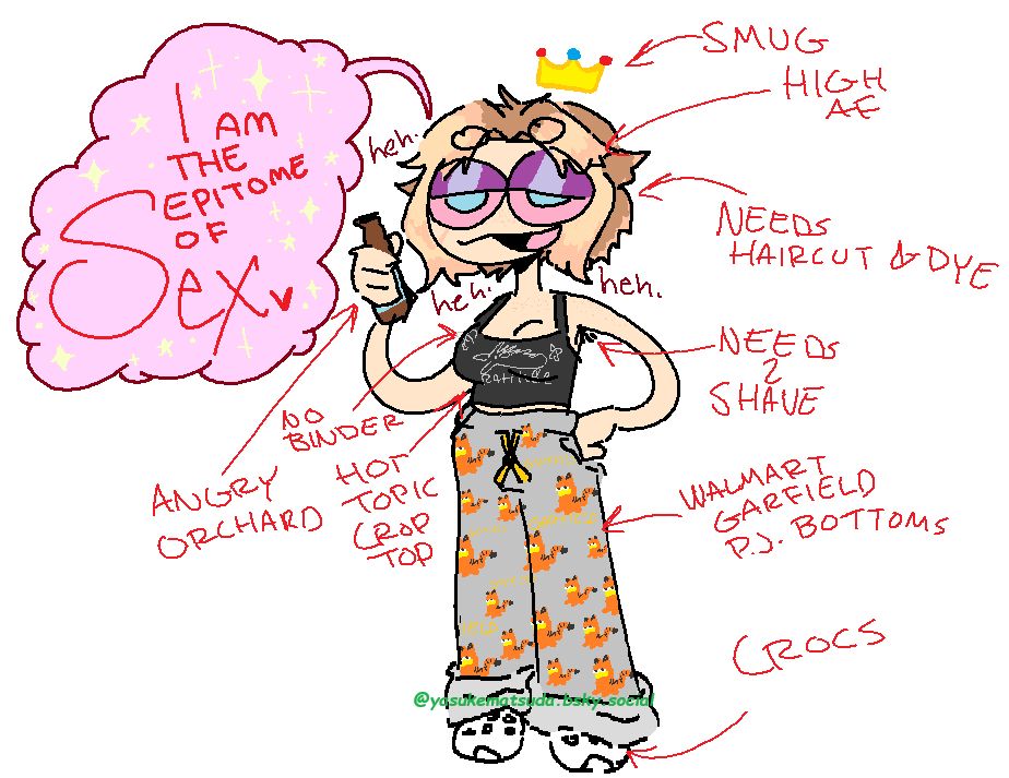 A picture of a very confident Icarus.

Icarus is a visibly trans man. His hair is messy, unevenly cut, and unevenly colored. He has brownish red roots bleeding into his blonde bleached hair, with hints of his red hair showing in the poor bleach job. His eyes are pale grey/blue, his iris are pink, and he seems painfully smug in his stupid expression.

He's wearing a black crop top with grey art on it depicting a rat with a mowhawk. It reads 'Ratitude' and has four clothing pins on it. He's also wearing Garfield pajama pants all the way up to the bottom of the crop top. On his feet are two white crocs.

There is a red and pink speech bubble that reads 'I AM THE EPITOME OF Sex<3' 

Around Icarus are red words and arrows pointing to obvious flaws. They read

SMUG
HIGH AF
NEEDS HAIRCUT & DYE
NEEDS 2 SHAVE
NO BINDER
ANGRY ORCHARD(pointing to the bottle of beer held in Icarus' hand)
HOT TOPIC CROP TOP
WALMART GARFIELD P.J. BOTTOMS
CROCS