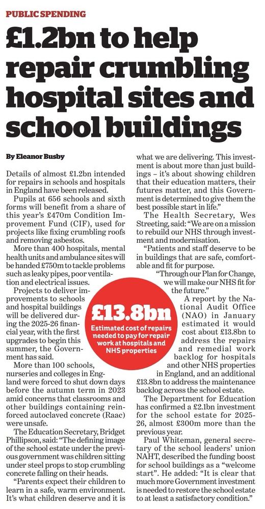A news article in the i titled £1.2bn to help repair crumbling hospital sites and school buildings.
