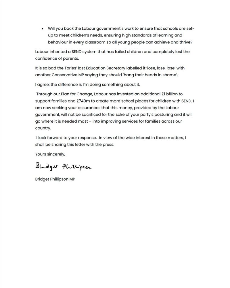 A letter from Bridget Phillipson to Reform UK council leaders.