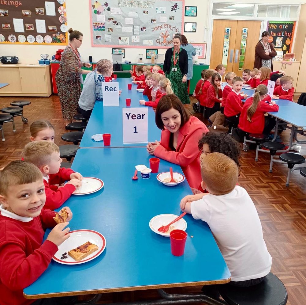 Photograph showing local MP Bridget Phillipson at Barnwell Academy in Houghton-le-Spring, listening to children benefitting from one of the first free breakfast clubs delivered by the Labour Government, May 2025.