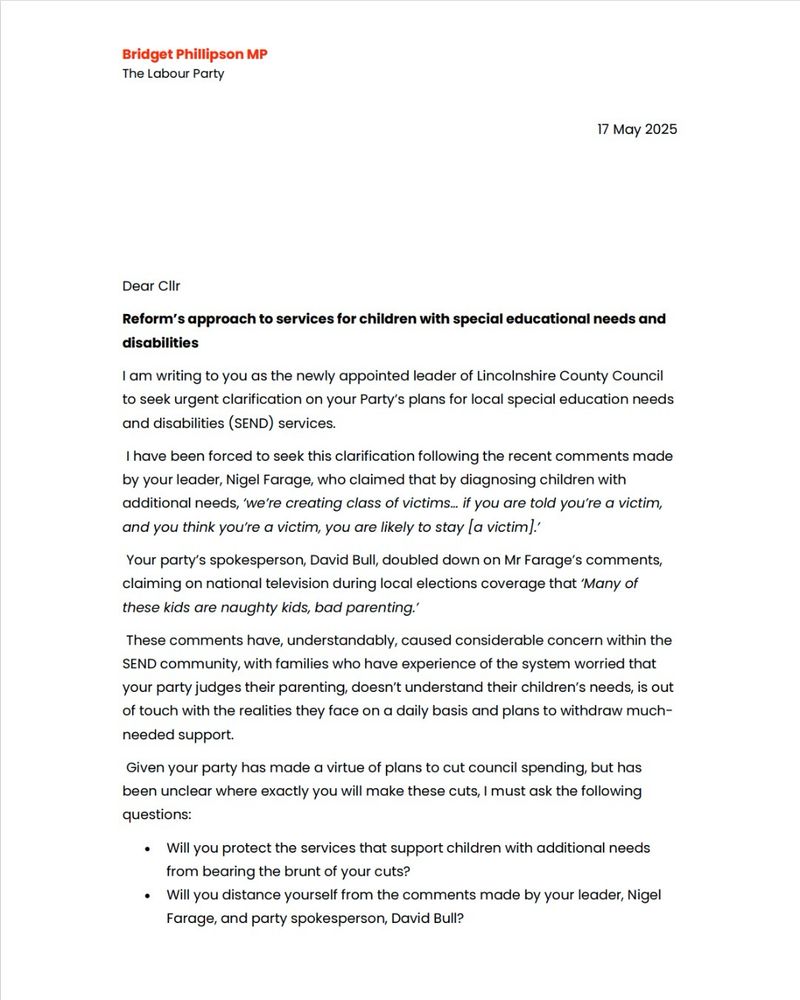 A letter from Bridget Phillipson to Reform UK council leaders.