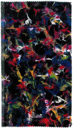 Lyudmila Mayakovskaya. Textile sample. Velvet, airbrush.
A very modern and funky print, featuring bold strikes of white, red, and yellow, over a black.