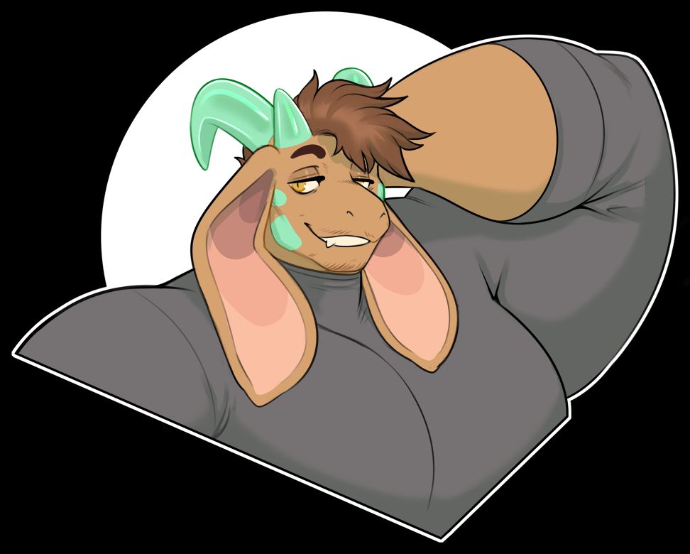 Chest-up image of a brown skinned dragon with large floppy ears and jade-green horns. He's booby. :)