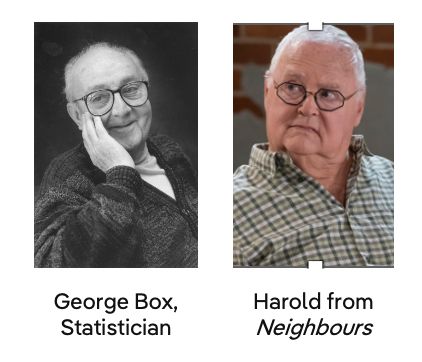 On the left is a picture of and older man called George Box, Statistician. He was famous for coining the phrase "All models are wrong, some are useful". George's picture is in black and white, he is wearing a cardigan, and smiling at the camera in a somewhat awkward pose.

The portrait on the right is Australian actor Ian Smith, whose portrait is labelled "Harold from Neighbours" after the character he played. Harold's portrait is in colour and he looks at the camera in the opposite angle from George. 

While you probably wouldn't call them separated at birth, there's a faint resemblance.