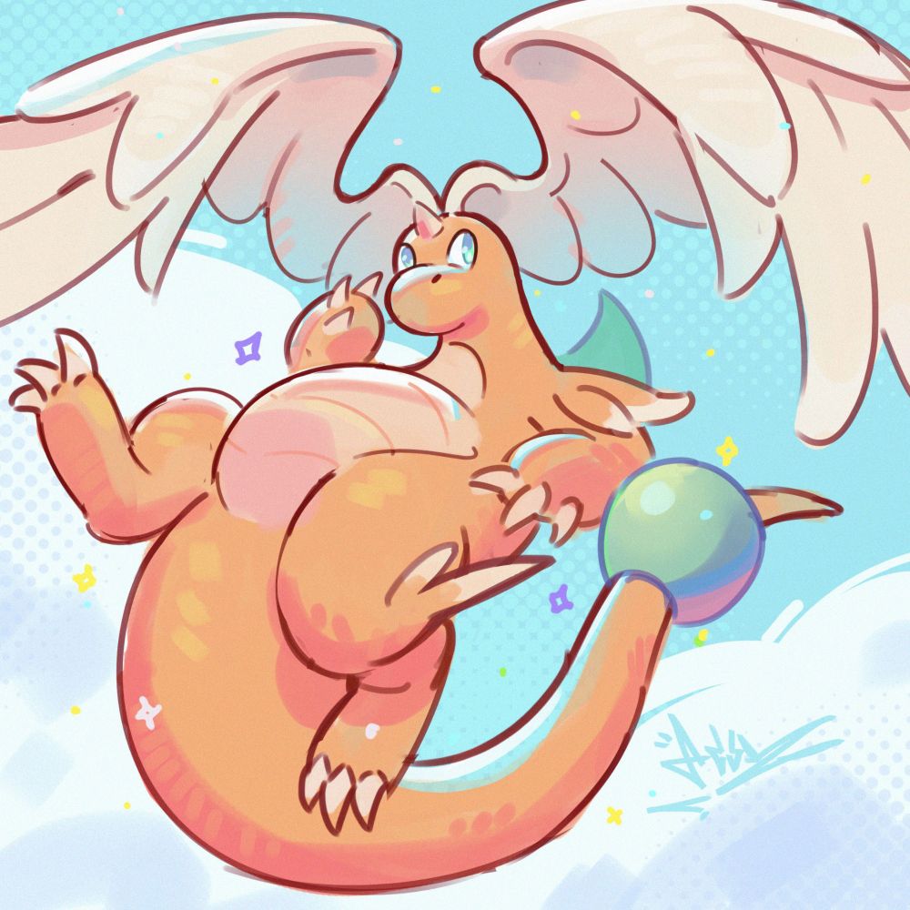 A drawing of the newly revealed Mega Evolution of Dragonite, flying through the clouds with a curious twinkle in its eyes 