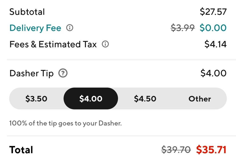 DoorDash order total USD$35.71 