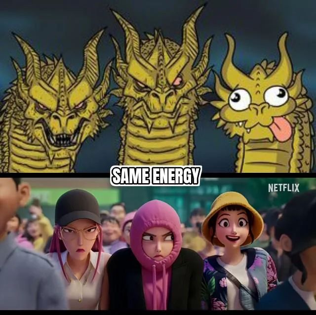 Accessibility: A comparison meme. Top—cartoon of three dragon heads, two stern and one goofy with its tongue out. Bottom—crowd scene from KPop Demon Hunters with three women lined up the same way: two scowling on the left and centre, the rightmost grinning in a yellow bucket hat.