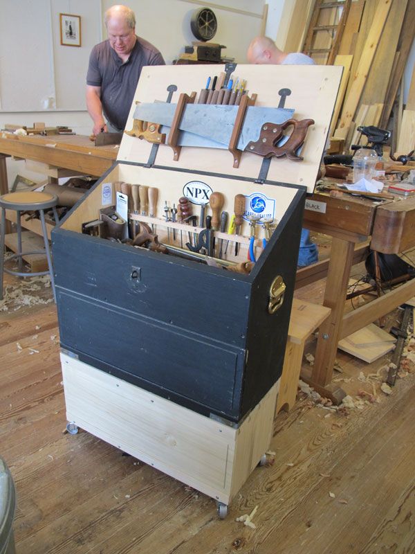 A chest showing two saws attached to the lid
