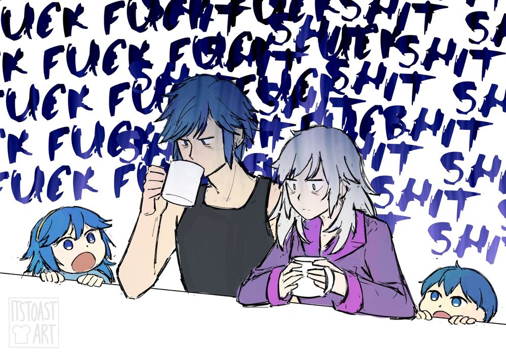 #art - fire emblem awakening - a stressed chrom and female robin trying to get through the day while lucina and male morgan chant their new favorite words