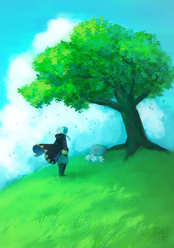 #art - fire emblem awakening - female robin in the middle of a field, standing in front of a headstone marked with the brand of the exalt