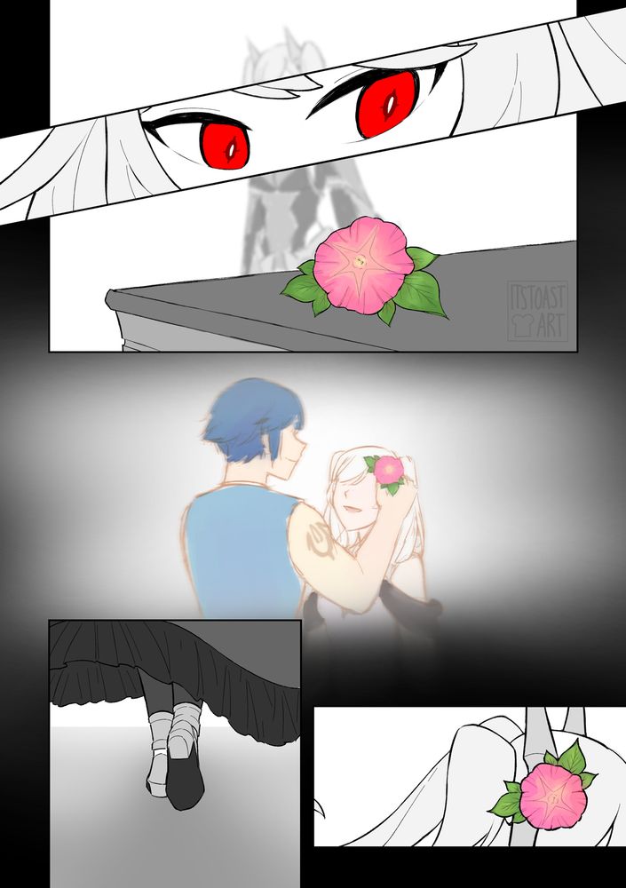 #art #comic - fire emblem awakening - robin, possessed by grima, passes by a flower and has a memory of the time chrom gave it to her