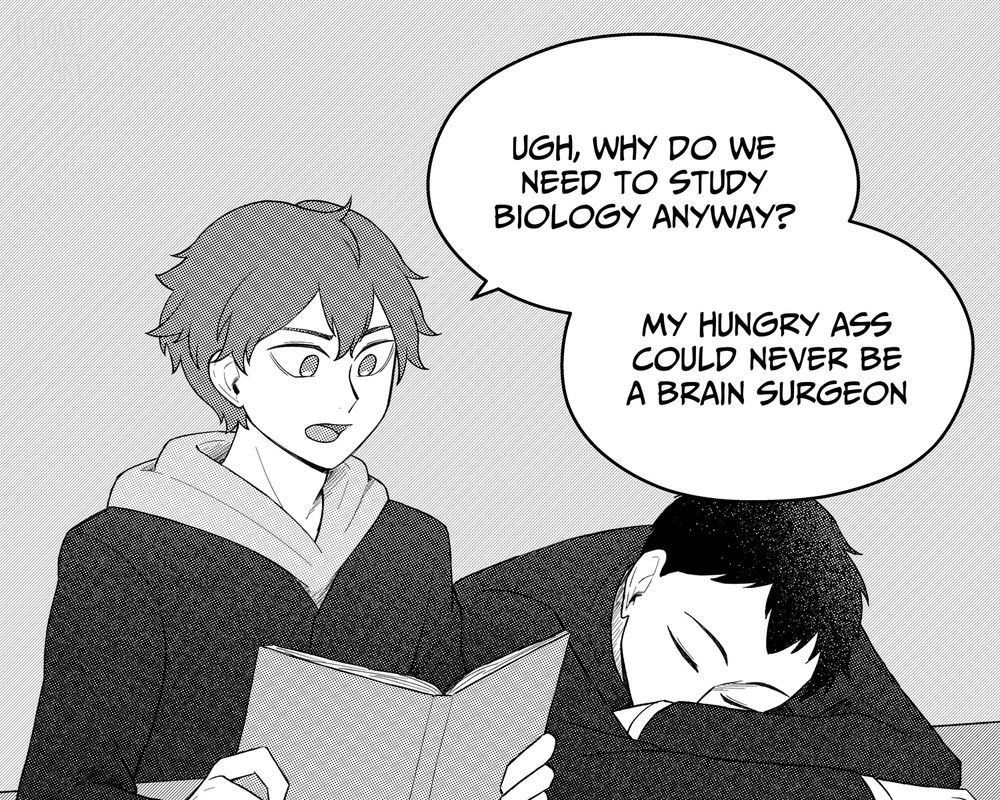 #art #comic - haikyuu - page 1

hinata: ugh, why do we need to study biology anyway? my hungry ass could never be a brain surgeon