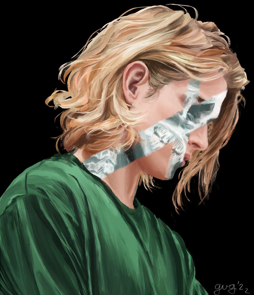 Panting of a blonde man with chin length wavy hair viewed from the left, almost in profile, against a black background. He's wearing a green shirt, and visible through his face in a stylized X-shape is an X-ray view of his skull and spine. Turns out painting radiographs is tough! #sciart