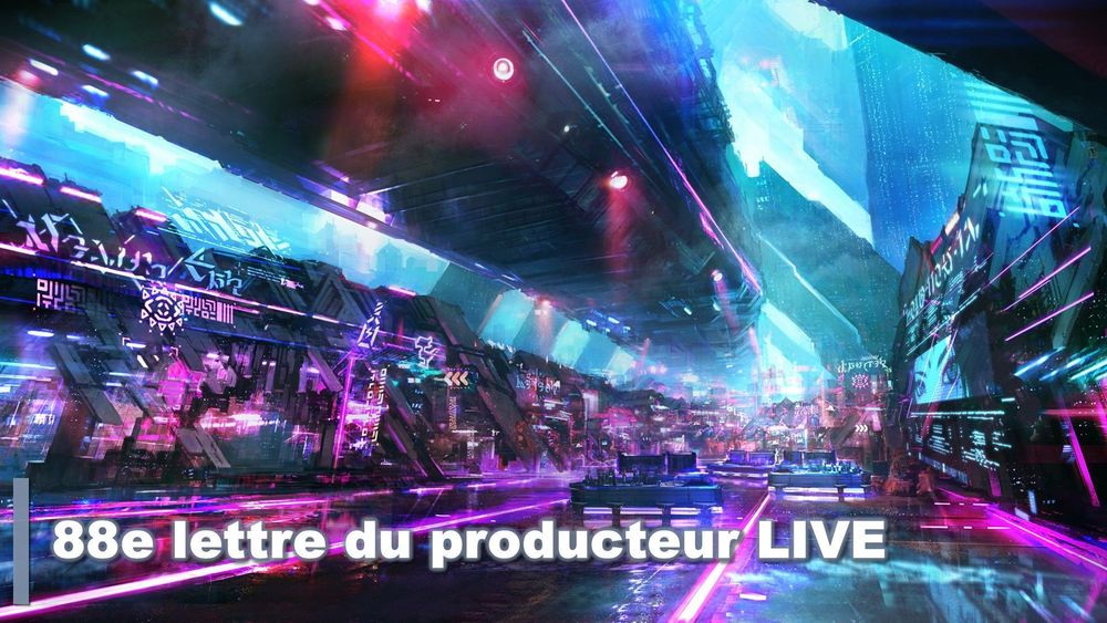 Une illustration de Final Fantasy 14 qui montre la ville technologique de Solution Neuf avec une architecture futuriste et des lumières néon bleues et roses.