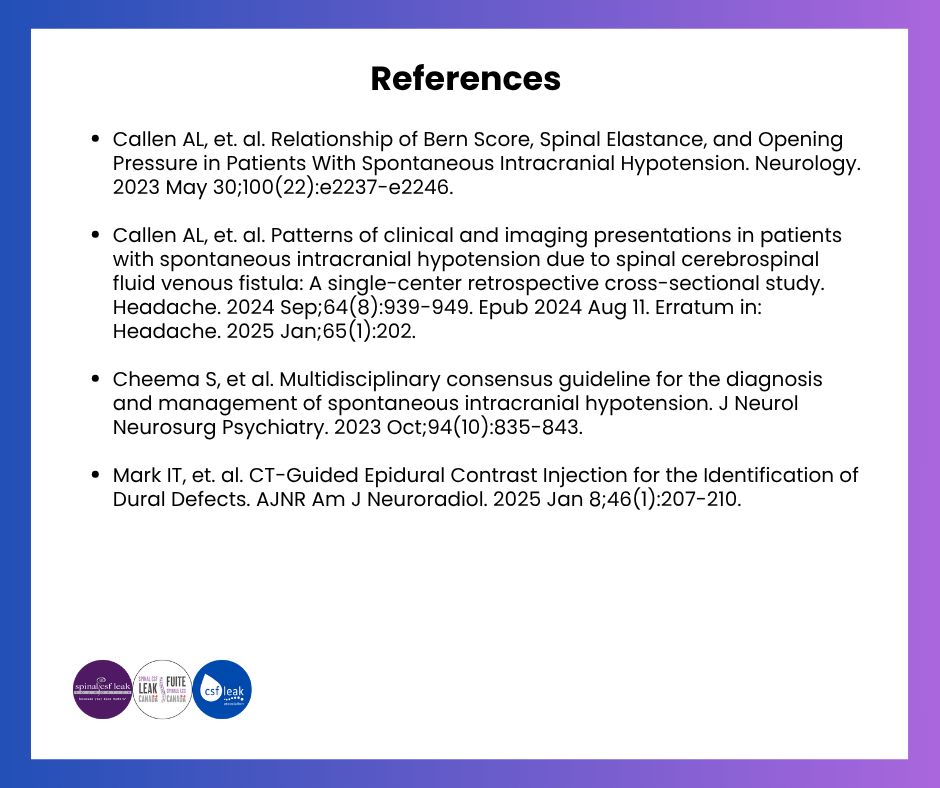 References:

[1] Callen AL, et. al. Relationship of Bern Score, Spinal Elastance, and Opening Pressure in Patients With Spontaneous Intracranial Hypotension. Neurology. 2023 May 30;100(22):e2237-e2246.

[2] Callen AL, et. al. Patterns of clinical and imaging presentations in patients with spontaneous intracranial hypotension due to spinal cerebrospinal fluid venous fistula: A single-center retrospective cross-sectional study. Headache. 2024 Sep;64(8):939-949. Epub 2024 Aug 11. Erratum in: Headache. 2025 Jan;65(1):202. 

[3] Cheema S, et al. Multidisciplinary consensus guideline for the diagnosis and management of spontaneous intracranial hypotension. J Neurol Neurosurg Psychiatry. 2023 Oct;94(10):835-843. 

[4] Mark IT, et. al. CT-Guided Epidural Contrast Injection for the Identification of Dural Defects. AJNR Am J Neuroradiol. 2025 Jan 8;46(1):207-210.