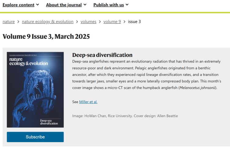 Cover image of Nature Ecology and Evolution showing a micro-CT scan of an anglerfish  looking generally menacing 