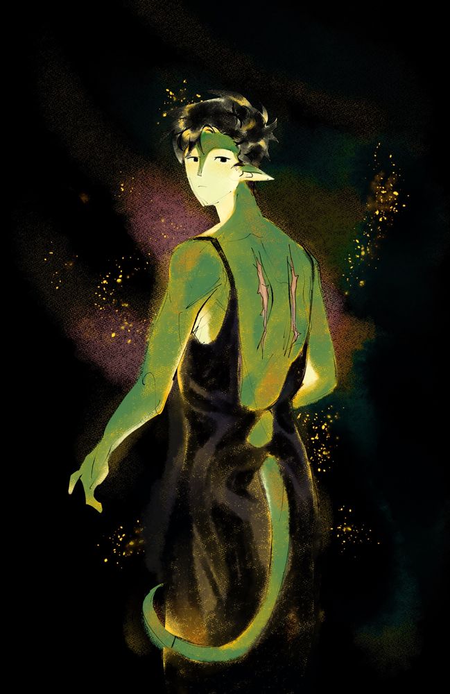 A green dragon lady with an open back black dress illuminated by some orange-yellow light. The dress blends into the dark background. Scars are where her wings should be.