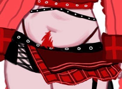 a picture of my new vtuber models tummy. she has a patch of red hair that goes from her belly button down into her skirt. She is wearing black and red plaid short skirt