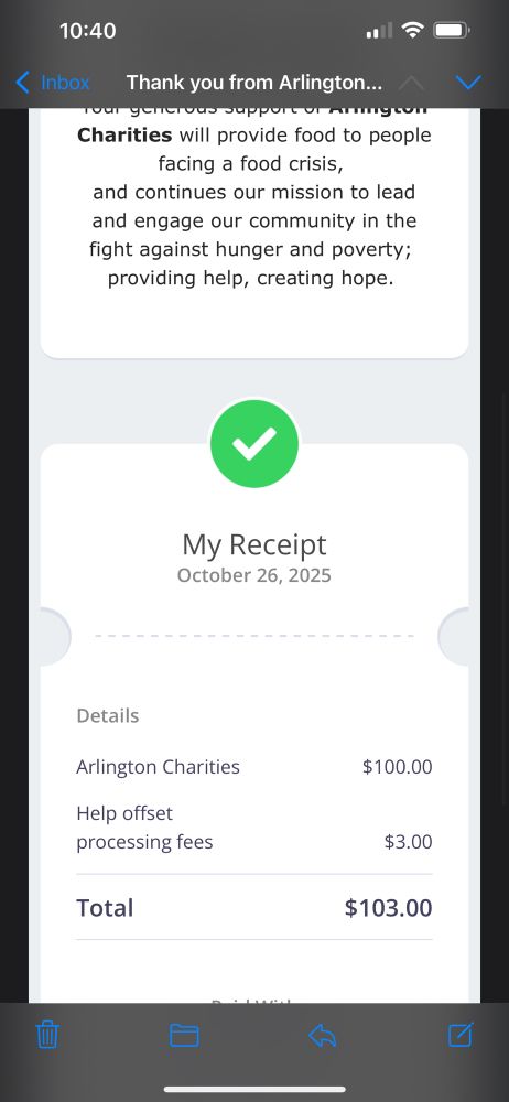 Receipt  for $103 for Arlington Charities food bank 
