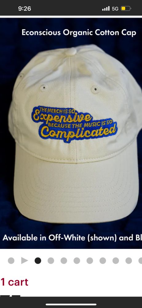 Hat with a tim Robbinson quote that says “the merch is so expensive because the music is complicated”