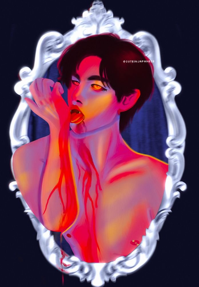 a drawing of vampire taehyung licking his own blood