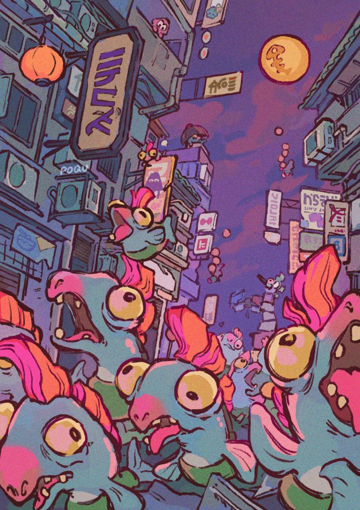 illustration depicting salmonids invading the city of splatsville. Tall city buildings tower over both sides of the street. Lesser salmonids are charging forward in the foreground while other salmonids are following behind, including a drizzler, stinger, and flyfish. some snatchers in the sky are carrying away tall stacks of golden eggs.