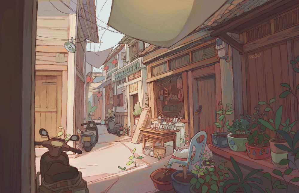 illustration of a street in mianhu, china. It’s lined with wooden buildings in a style common on the smaller streets of the village. There are cloths hanging overhead to block the sun, and motor cycles parked against the sides. One building has a table set out with knives and tools, and another has many potted plants
