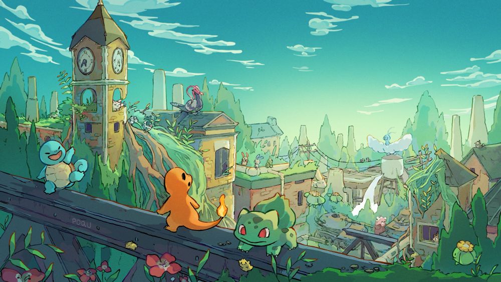 Illustration of squirtle, charmander, and bulbasaur walking along a beam, overlooking an overgrown abandoned city. There are broken down brick buildings, a clock tower, and lots of other pokemon scattered about, like unfezant, skiploom, and altaria.