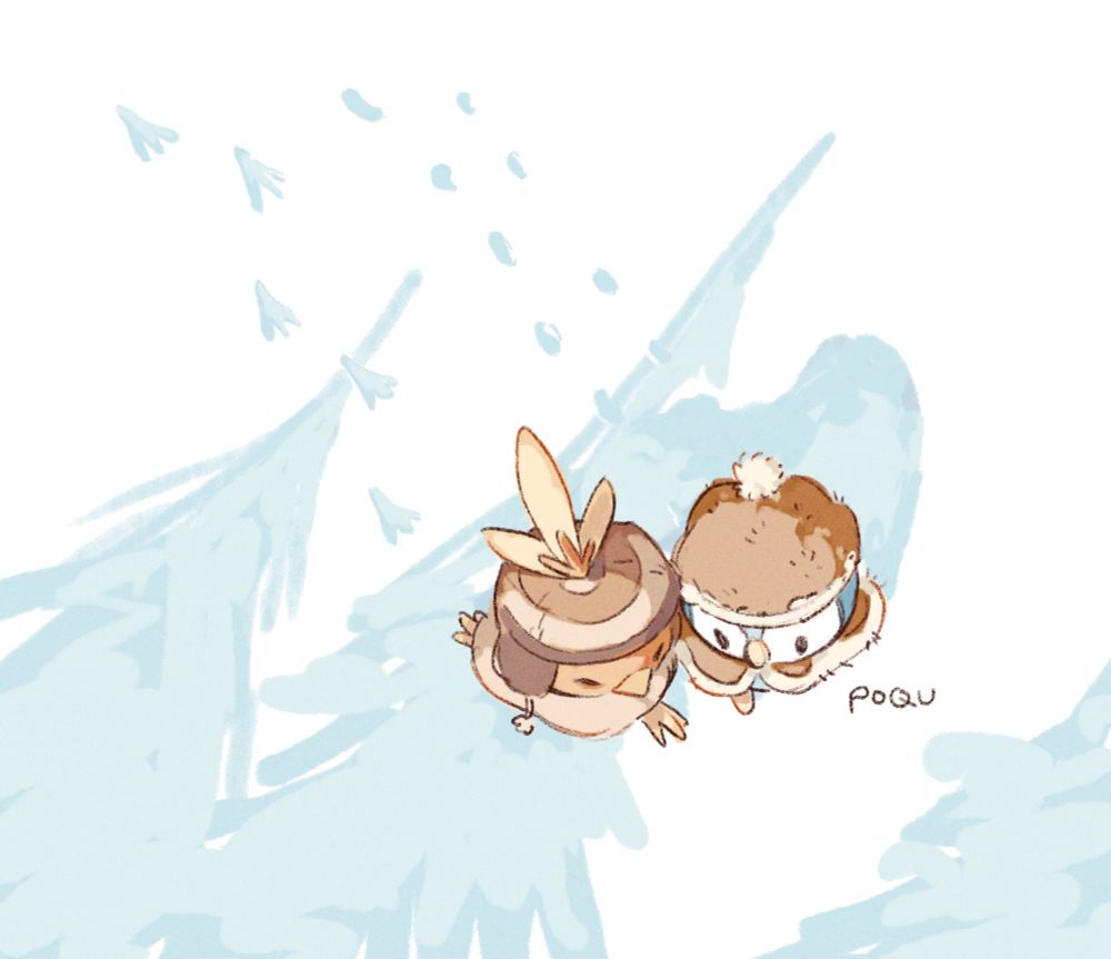 a loose illustration of piplup and torchic running through the snow, seen from above. they’re wearing winter hats and cloaks, and there are light blue shadows of trees and footprints in the snow