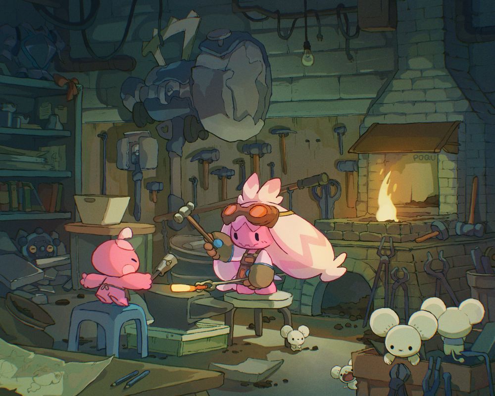 An illustration of Tinkaton and Tinkatink hammering at an anvil in a blacksmith's workshop. Tinkaton is wearing safety goggles, an apron, and gloves. there is a fire lit behind them on the forge, and other hammers and tools around the room. Tinkaton’s big hammer hangs on the wall, a maushold is living in the smithy, and a bronzor is sleeping in a bookshelf 