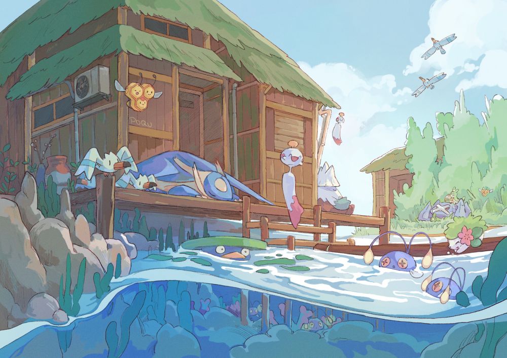 An illustration of a scene full of pokemon in Pacifidlog Town. Latios, snover, and some wingulls are resting by a house over the water, chimecho and combee are in the air, and chinchou and lotad are floating in the water (lotad is looking a little lost because these are not their preferred waters). shaymin is also hoping to dive in the water.