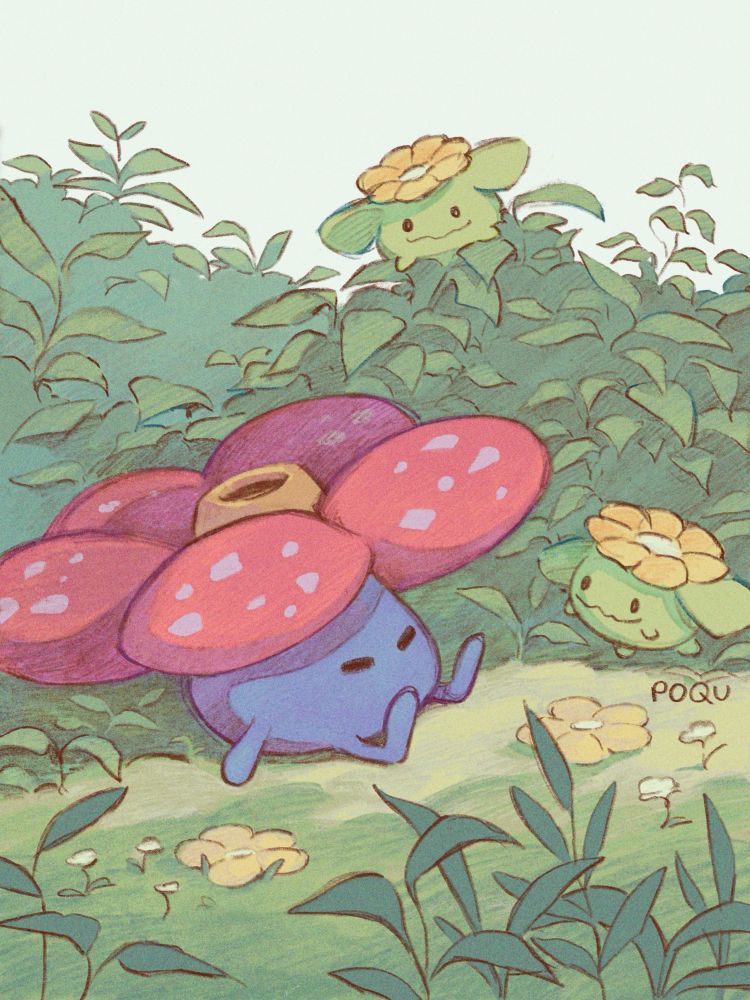 illustration of vileplume sitting on the ground with bushes behind her and a few plants and flowers growing in front. there are two skiploom hanging around.