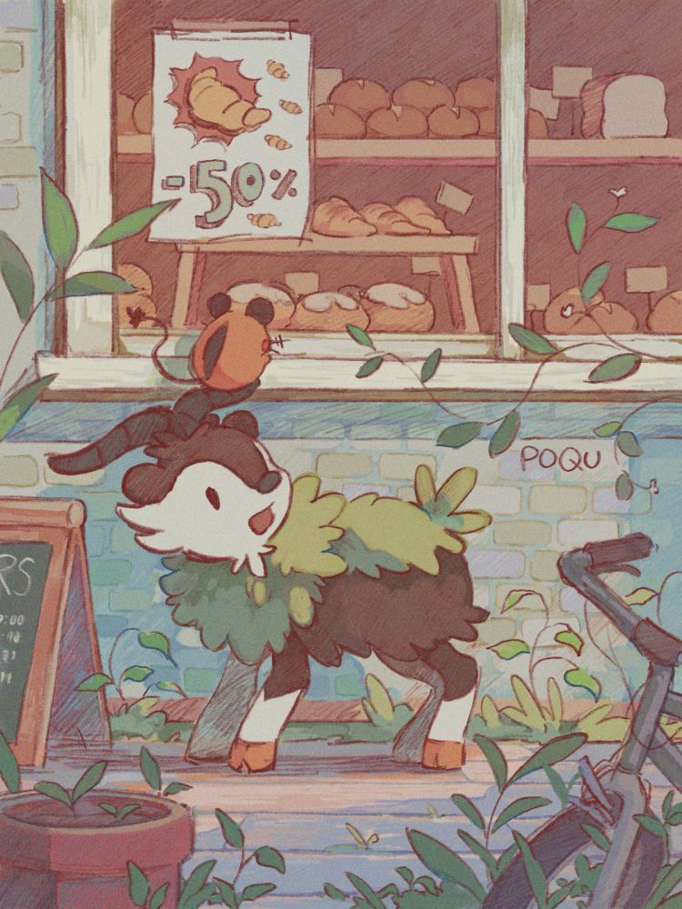 an illustration of skiddo and dedenne, standing outside a bakery window. dedenne is on skiddo’s horn trying to look in at the breads. the illustration uses soft colors and pencil textures