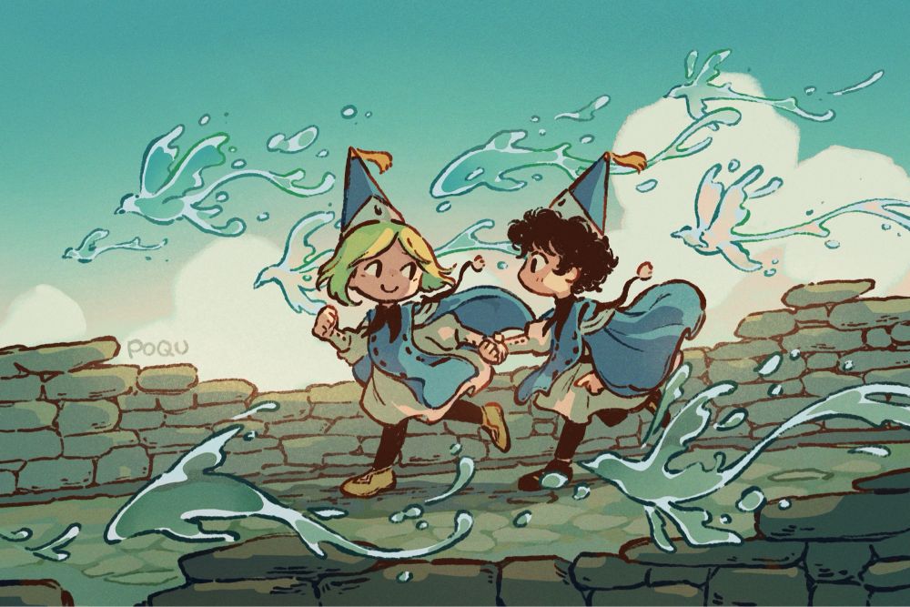 Illustration of coco and agott from witch hat atelier running down a path with short stone walls bordering it. Coco is holding agott’s hand, pulling her along while look back at her. There are water sculptures of birds and fish flying alongside them.