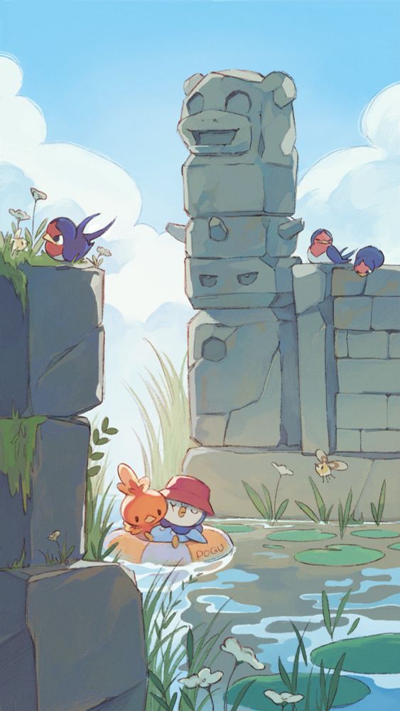 Illustration of piplup and torchic in a floaty together. They are floating in the water through some old stone formations. The stones behind them are stacked and carved like a slowbro and its tail. There are also some taillows and cutieflies around the area