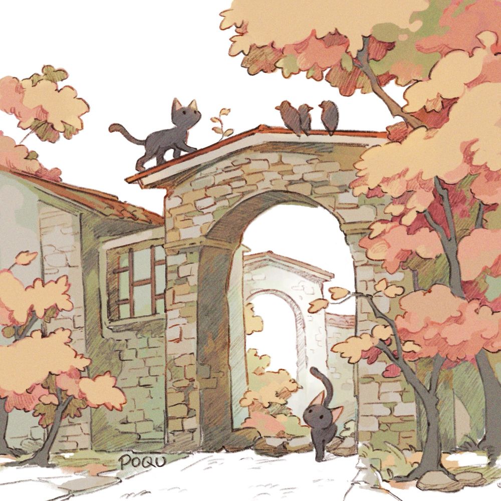 illustration of a stoney-brick archway there’s a cat on top of the arch, approaching some crows, and a cat passing through below. there’s another archway in the back and some autumn foliage around.