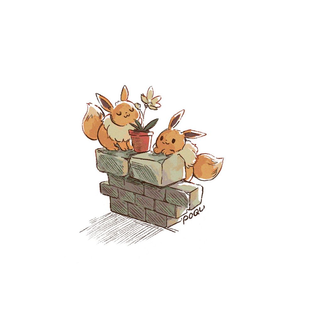 a small drawing of two eevees. one is sitting atop a short stone wall, sniffing at a potted flower, and the other is climbing up.