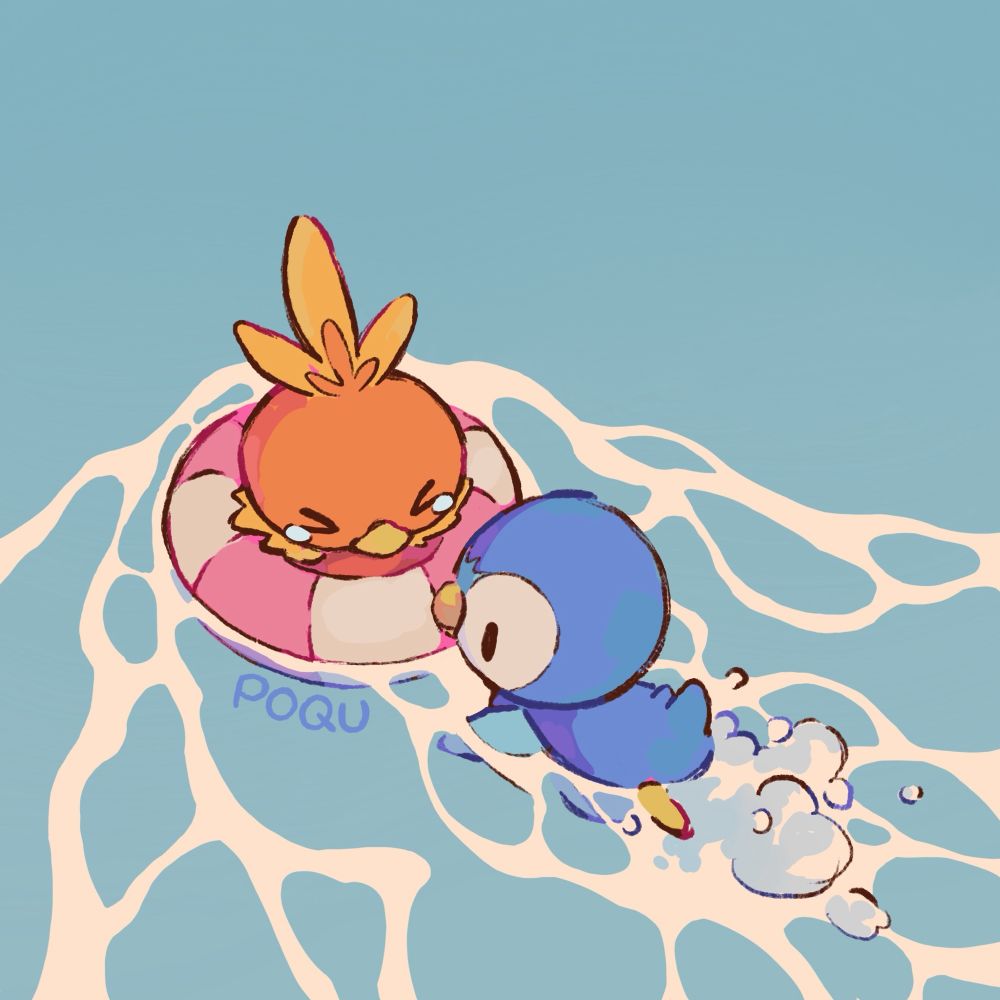 illustration of torchic in a round pink floatie, in the water, with piplup swimming next to it pushing them. Torchic is very scared with their teary eyes closed tight.