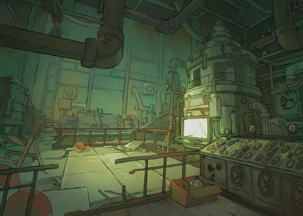 Illustration of an abandoned power plant, with lots of pipes and generator-looking device with a cracked monitor attached. There are voltorbs laying around and a magnetite sleeping in a box.