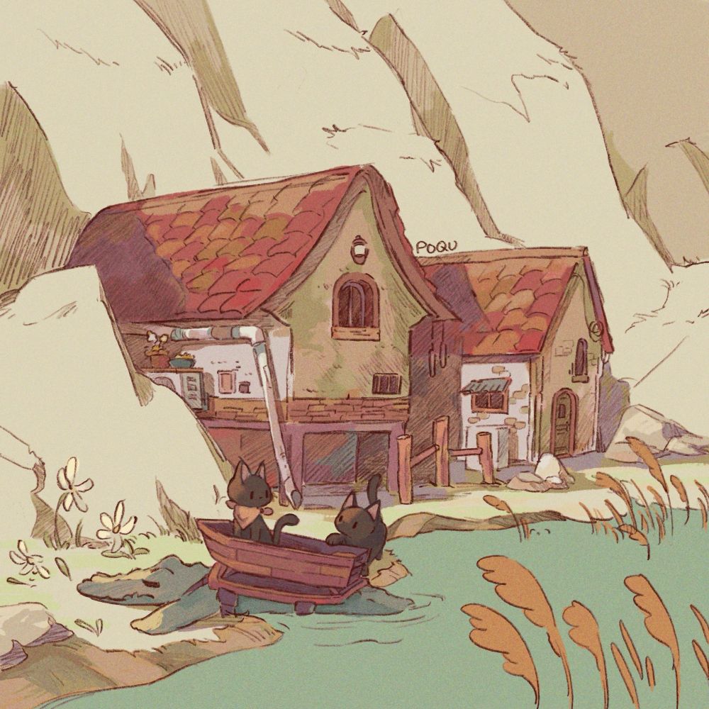 an illustration of two lakeside houses with tall cliffs behind them. a crocodile is coming to shore with a mini wooden boat strapped to it. a cat is in the boat and another cat is next to them hoping to get in.